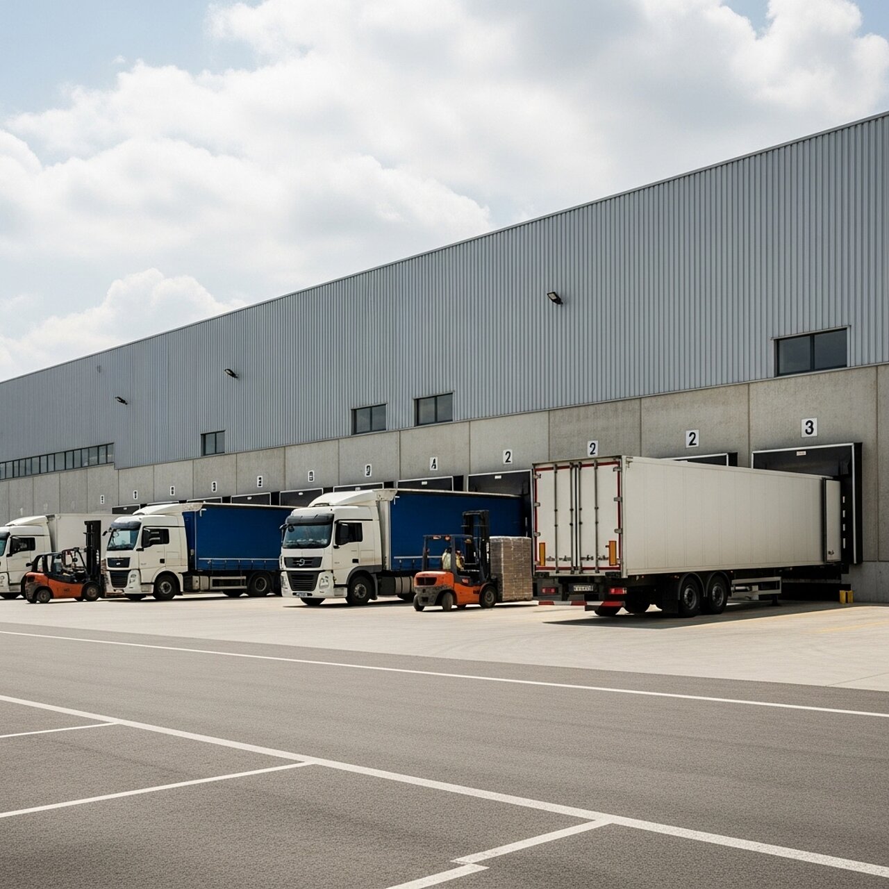 Ein Logistikzentrum mit mehreren Lkw, die an Laderampen parken. Ein Vorausfahrzeug ist ebenfalls sichtbar. Der Himmel ist teilweise bewölkt, und die Gebäude haben eine graue Fassade. Die Szene vermittelt einen industriellen Arbeitsbereich.