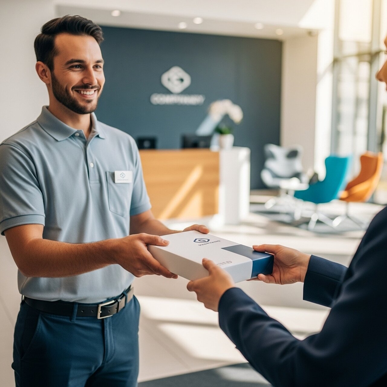 Ein junger Mann in einem blauen Polohemd reicht einer anderen Person in einem eleganten Raum eine weiße Verpackung. Im Hintergrund ist ein Empfangstresen sichtbar, während mehrere moderne Stühle in verschiedenen Farben platziert sind.