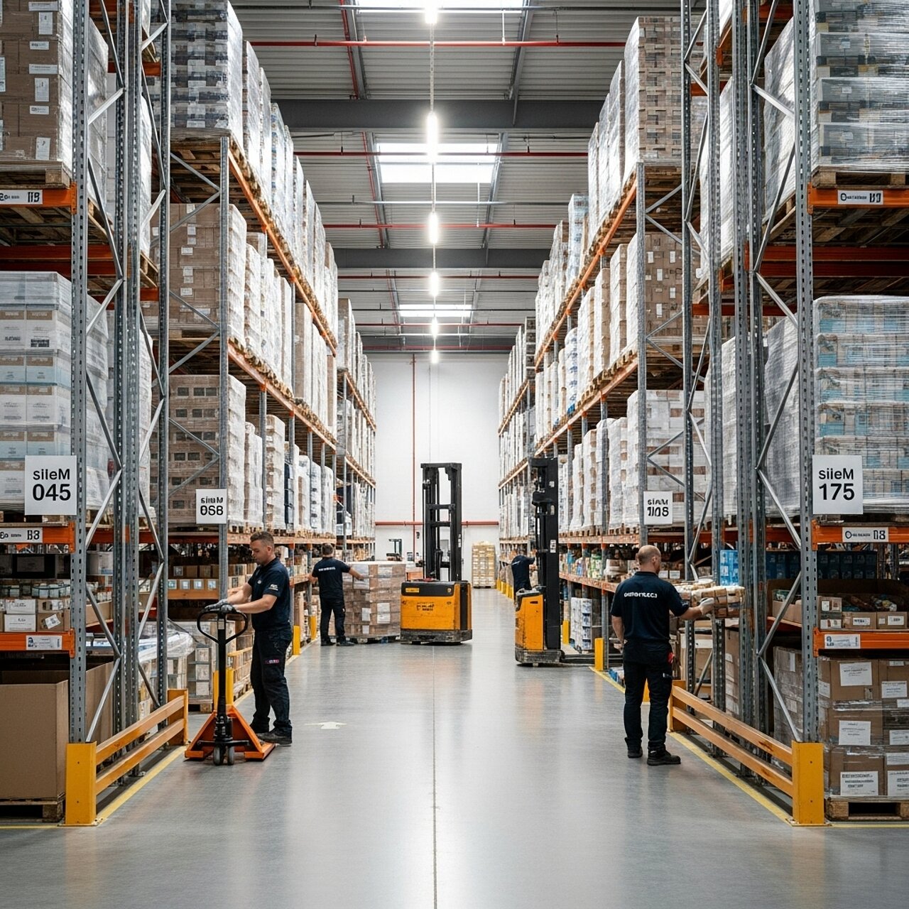 Das Bild zeigt einen modernen Lagerraum mit hohen Regalen voller Kartons. Zwei Mitarbeiter arbeiten im Vordergrund, einer am Regal und einer am Gabelstapler. Die Gänge sind breit und gut beleuchtet, was auf eine effiziente Lagerhaltung hinweist.