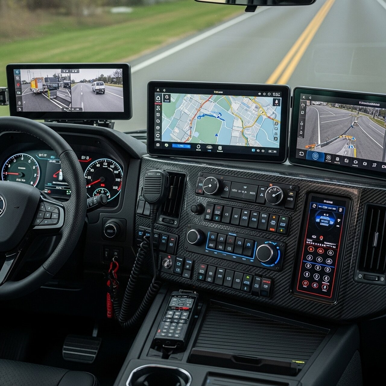 Das Bild zeigt das Cockpit eines Lastwagens mit mehreren Bildschirmanzeigen. Auf den Bildschirmen sind Karten und Verkehrsinfos zu sehen. Das Armaturenbrett ist mit verschiedenen Kontrollknöpfen und einem Mikrofon ausgestattet. Die Sicht ist auf eine Straße gerichtet.
