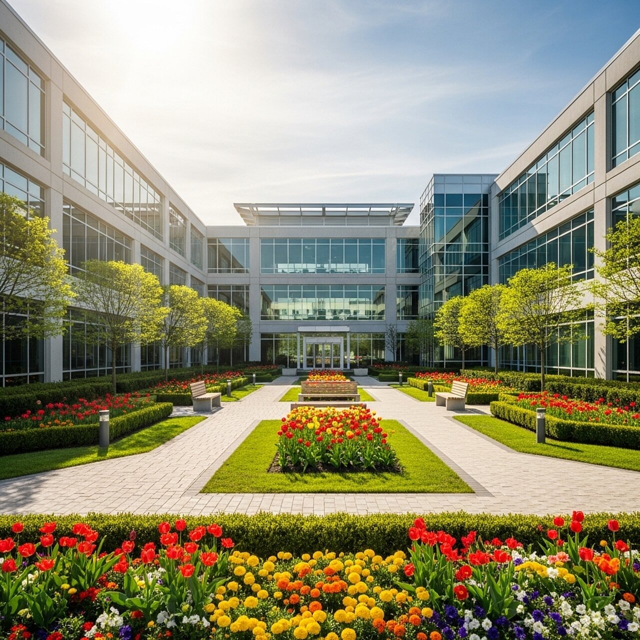 Eine moderne Bürogebäude-Anlage mit großen Glasfenstern umgibt einen gepflegten Innenhof. Der Hof ist mit bunten Blumenbeeten, Rasenflächen und Bänken ausgestattet, die zum Verweilen einladen, während die Sonne am Himmel scheint.