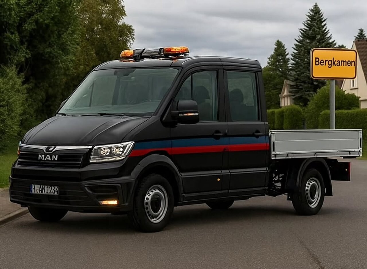 Ein schwarzes MAN-Fahrzeug mit Doppelkabine und offenem Ladebereich steht auf einer Straße. Auf dem Dach befindet sich ein orangefarbener Blinkleuchten. Im Hintergrund ist ein Verkehrszeichen mit dem Ortsnamen "Bergkamen" zu sehen.